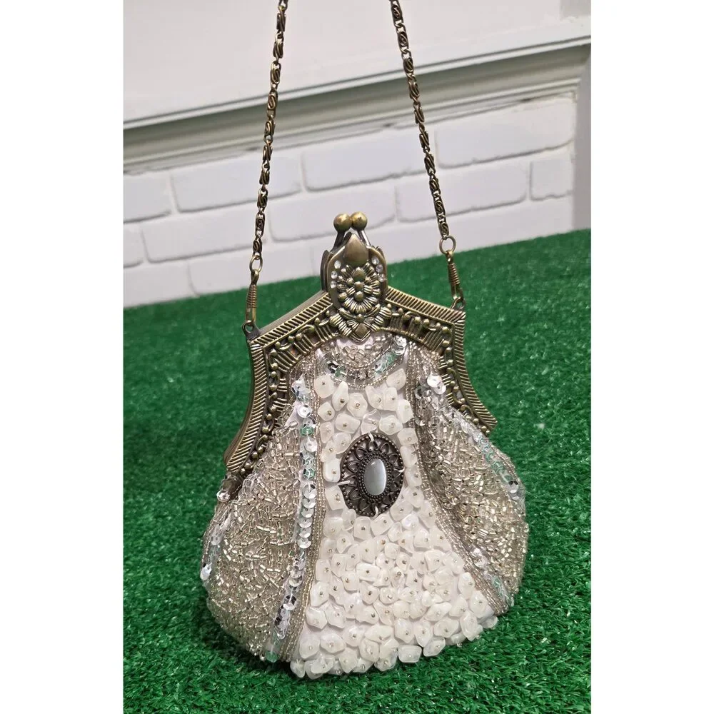 Vintage Beaded Sequined Evening Clutch Bag Antique Gold Tone Frame White Shell